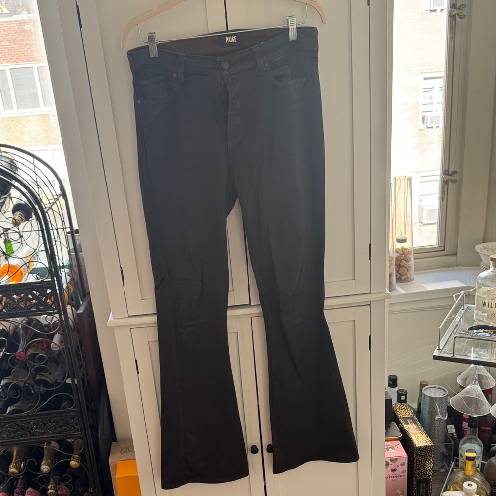 PAIGE Coated Brown Leather Effect Flare Denim